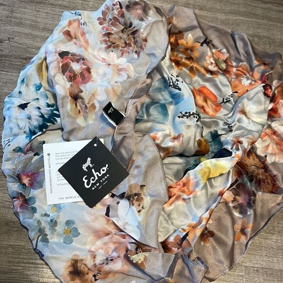 Echo Painted Floral Print Silk Scarf - Picture 3 of 3